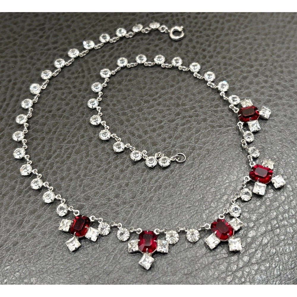 VTG Art Deco Era Red Clear Open Back Crystal Choker Station Riviere Necklace 15"